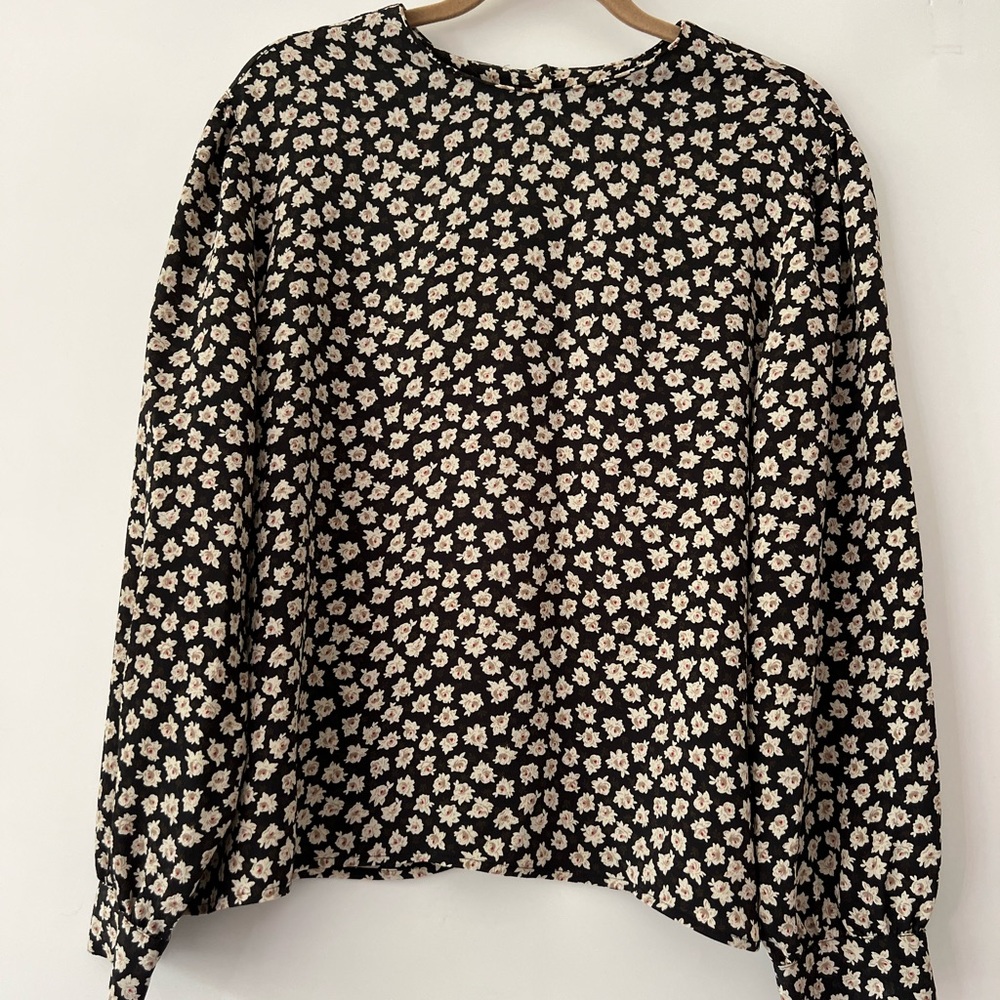 Vintage Black Floral 80s Blouse Size 16
